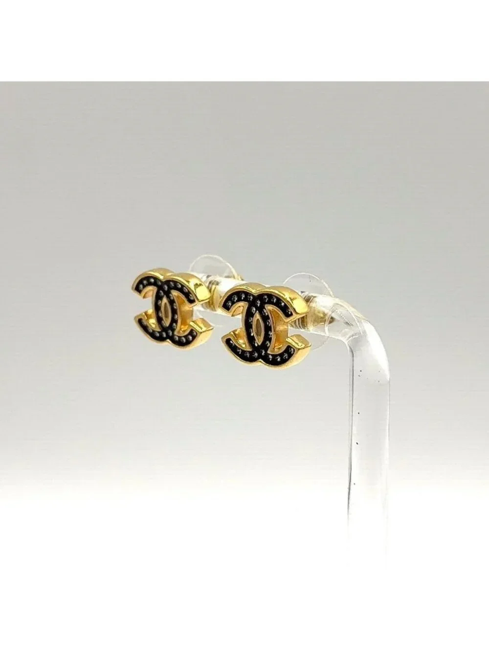 Chanel CC Logo Rhinestone Enamel Clear Gold Black Earrings